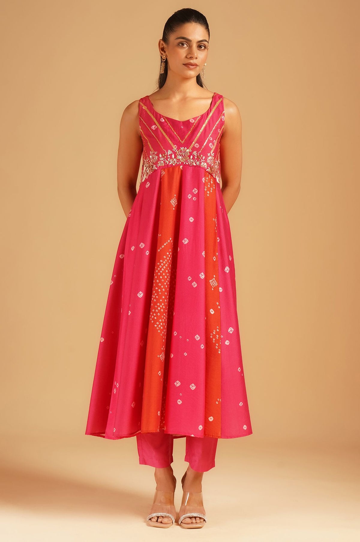 Pink Bandhani Sequins Sleeveless A-line Kurta with Pants and Dupatta Set