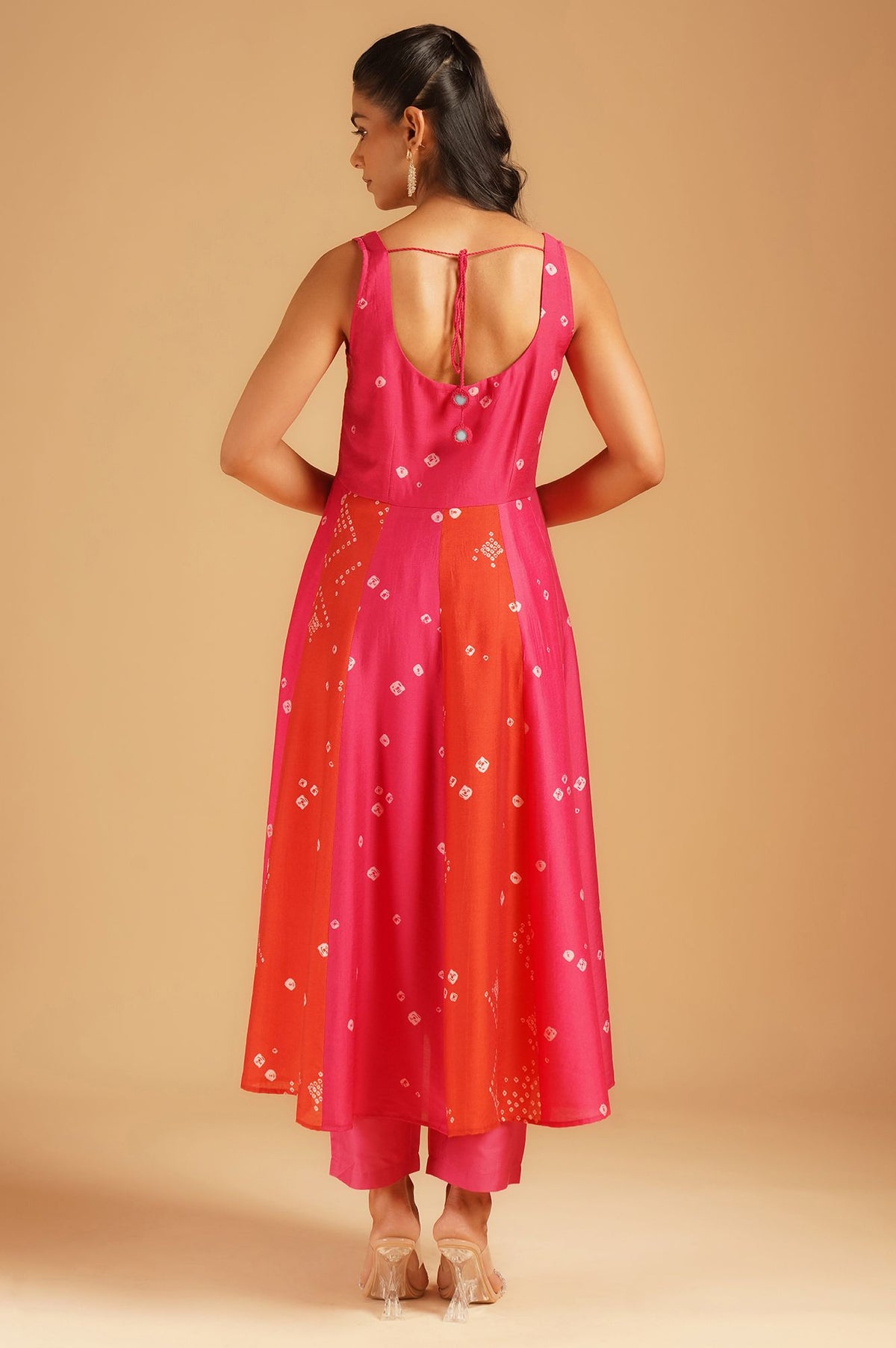 Pink Bandhani Sequins Sleeveless A-line Kurta with Pants and Dupatta Set