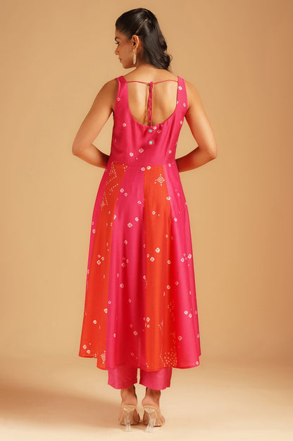 Pink Bandhani Sequins Sleeveless A-line Kurta with Pants and Dupatta Set