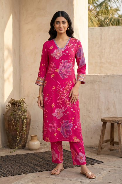 Pink Bandhani Mirror Work Modal Straight Kurta With Straight Pants Set