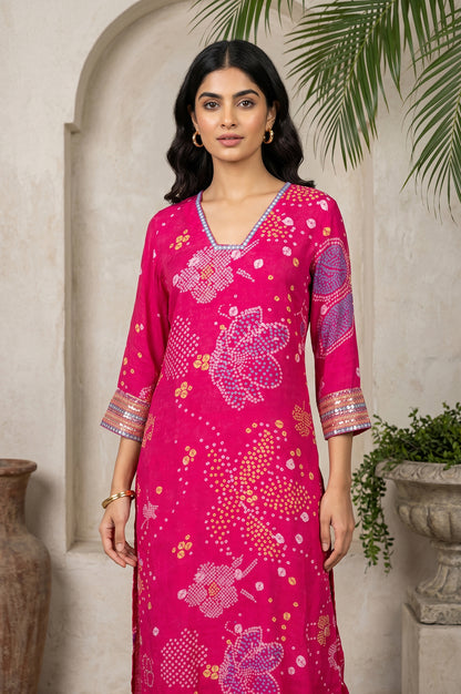 Pink Bandhani Mirror Work Modal Straight Kurta With Straight Pants Set