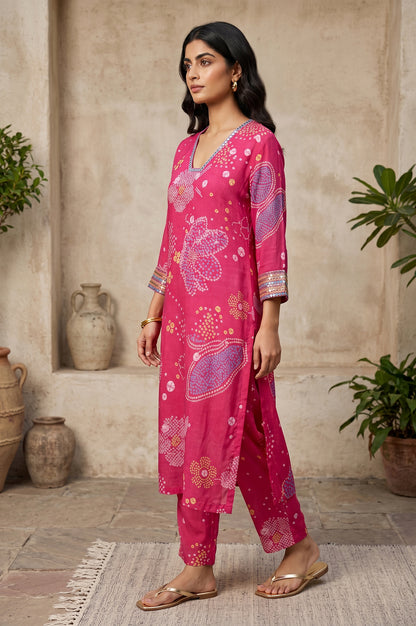 Pink Bandhani Mirror Work Modal Straight Kurta With Straight Pants Set