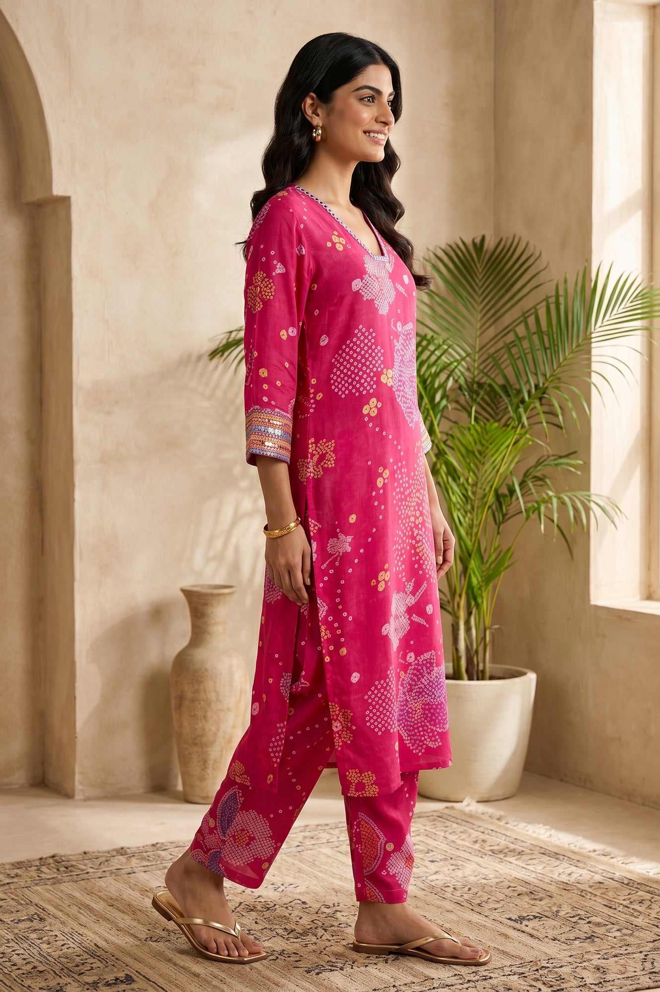 Pink Bandhani Mirror Work Modal Straight Kurta With Straight Pants Set