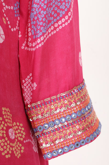 Pink Bandhani Mirror Work Modal Straight Kurta With Straight Pants Set