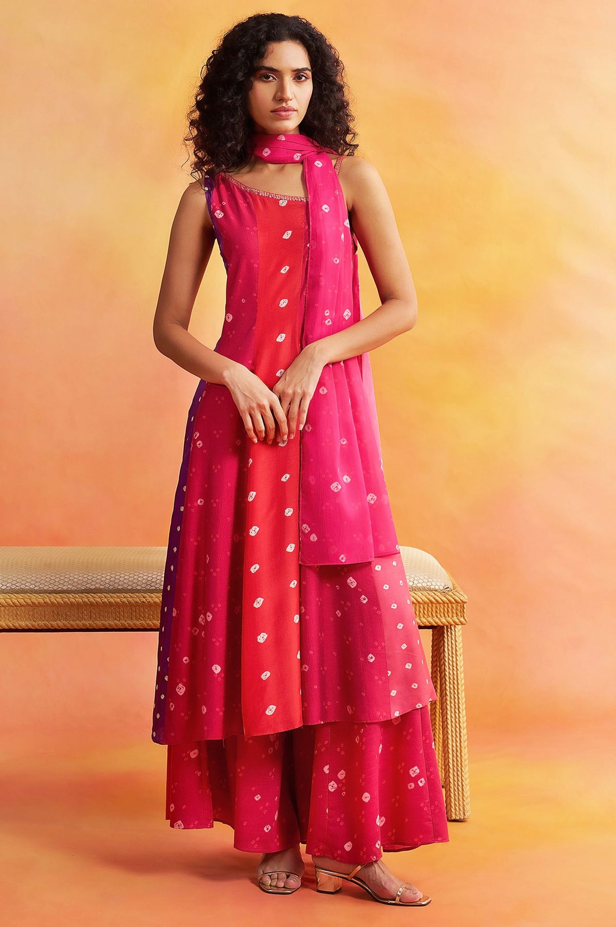 Pink Bandhani Sequins Sleeveless A-line Kurta with Flared Pants and Dupatta Set