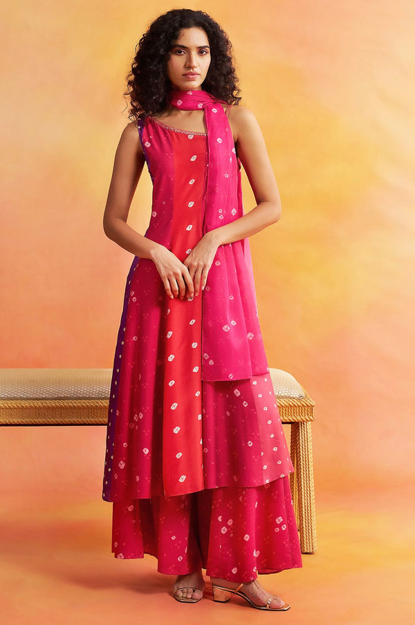 Pink Bandhani Sequins Sleeveless A-line Kurta with Flared Pants and Dupatta Set