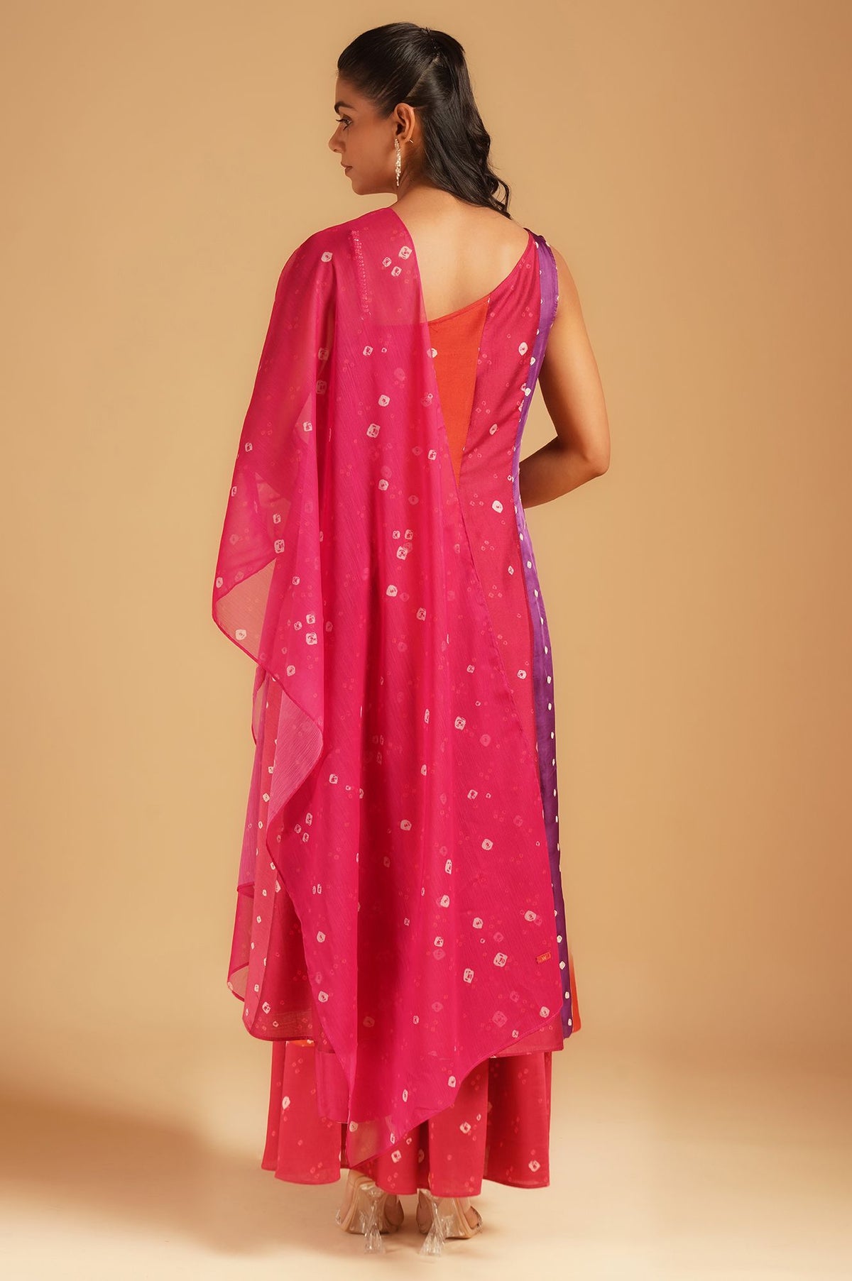Pink Bandhani Sequins Sleeveless A-line Kurta with Flared Pants and Dupatta Set