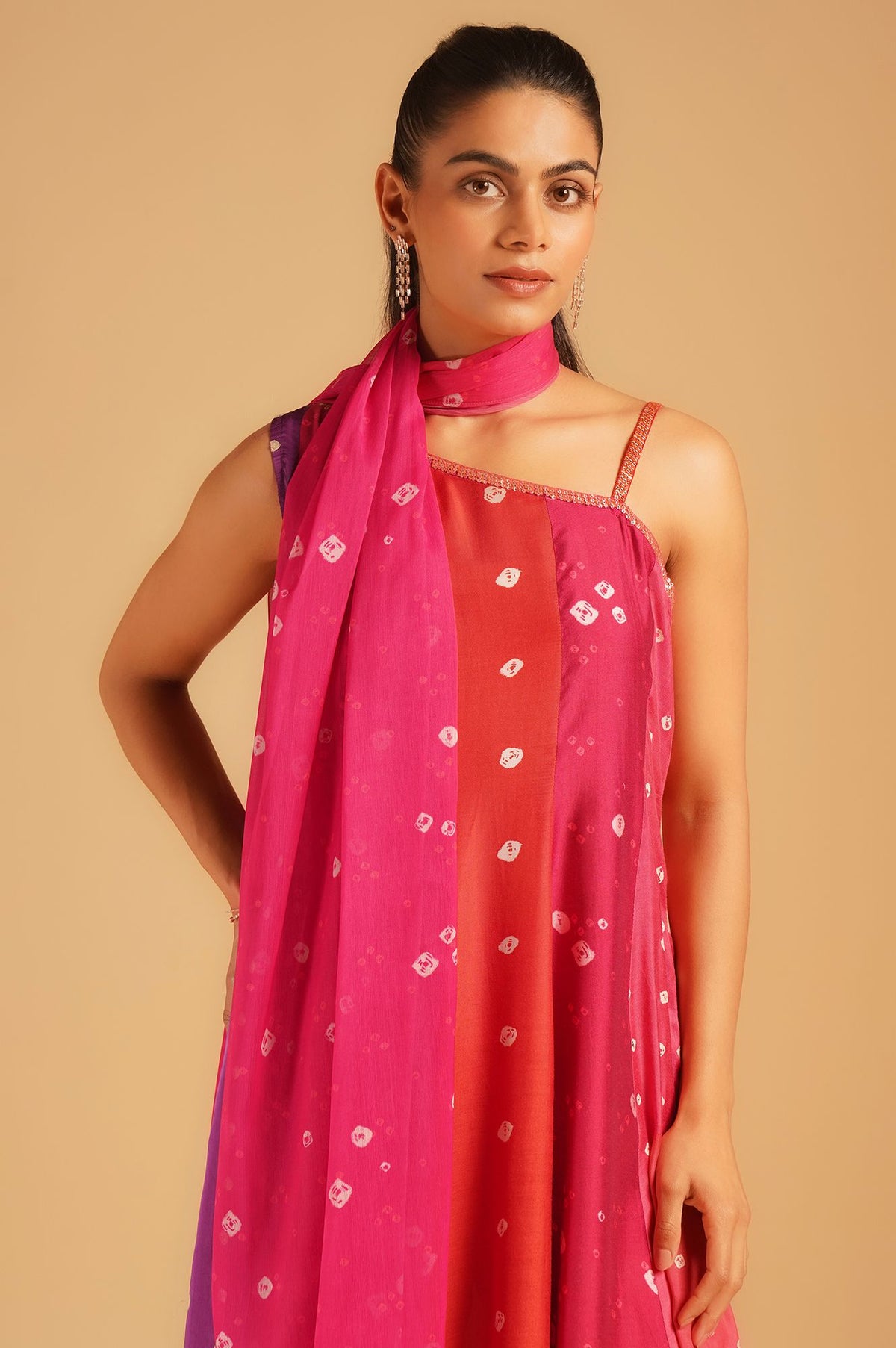 Pink Bandhani Sequins Sleeveless A-line Kurta with Flared Pants and Dupatta Set