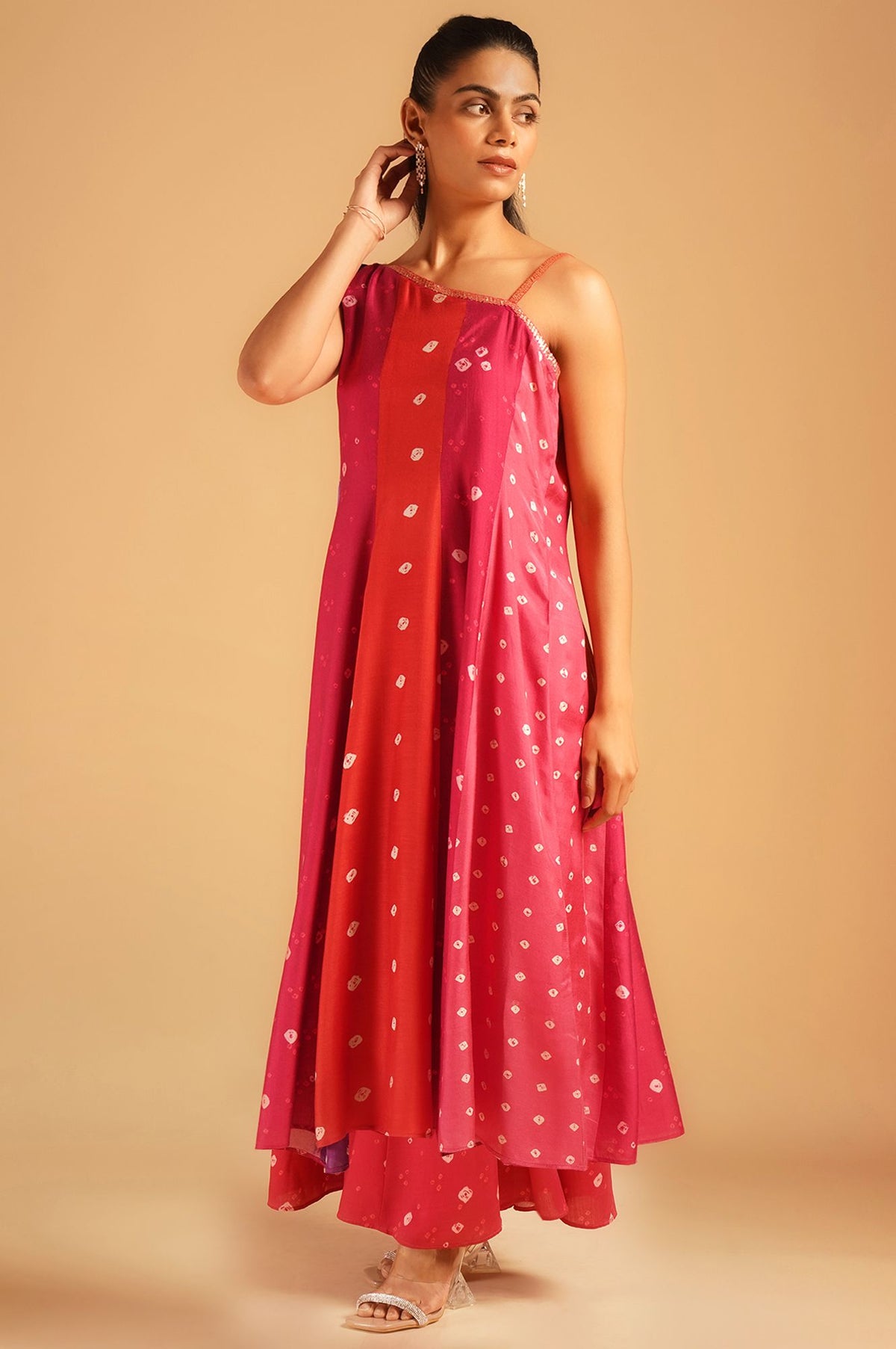 Pink Bandhani Sequins Sleeveless A-line Kurta with Flared Pants and Dupatta Set