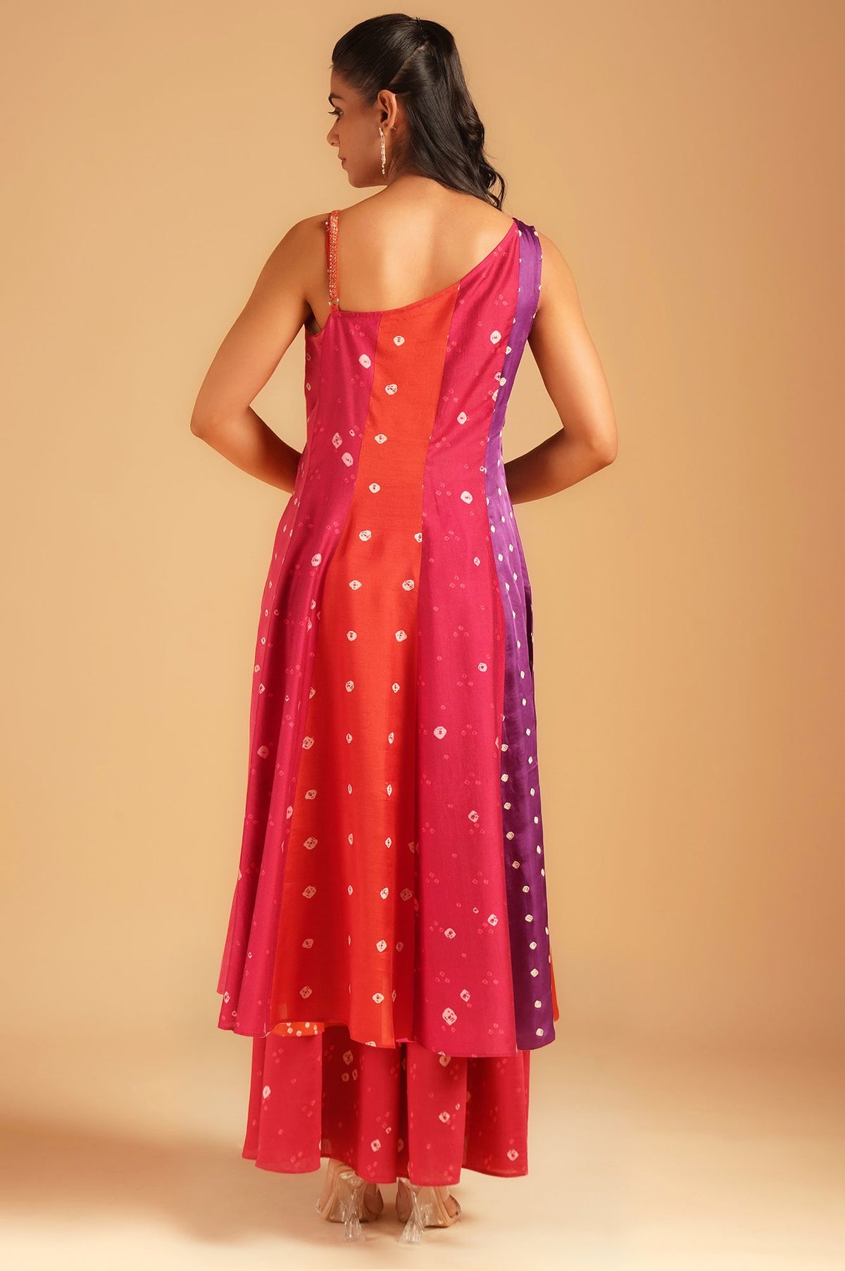 Pink Bandhani Sequins Sleeveless A-line Kurta with Flared Pants and Dupatta Set