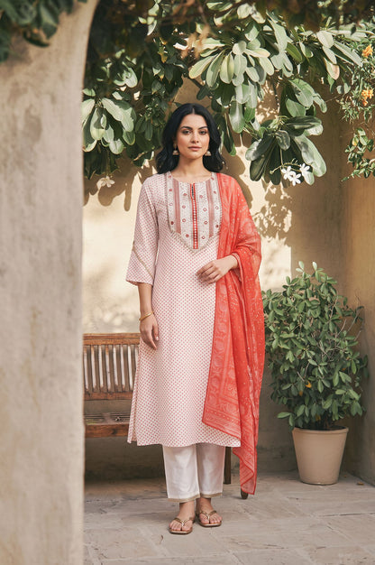 Off White Bandhani Embroidered Chanderi Straight Kurta with Pants and Dupatta Set