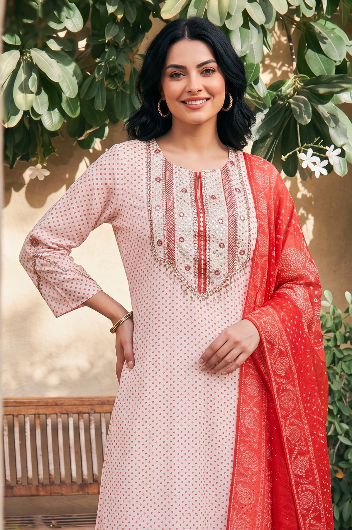 Off White Bandhani Embroidered Chanderi Straight Kurta with Pants and Dupatta Set