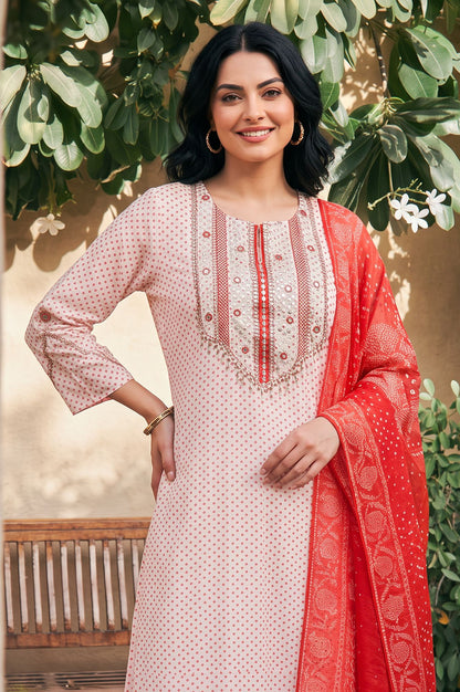 Off White Bandhani Embroidered Chanderi Straight Kurta with Pants and Dupatta Set