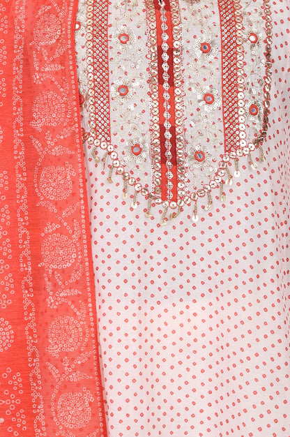 Off White Bandhani Embroidered Chanderi Straight Kurta with Pants and Dupatta Set