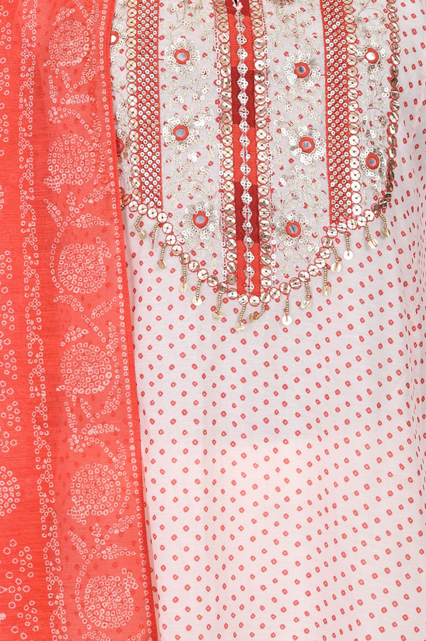 Off White Bandhani Embroidered Chanderi Straight Kurta with Pants and Dupatta Set