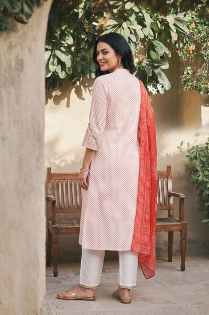 Off White Bandhani Embroidered Chanderi Straight Kurta with Pants and Dupatta Set
