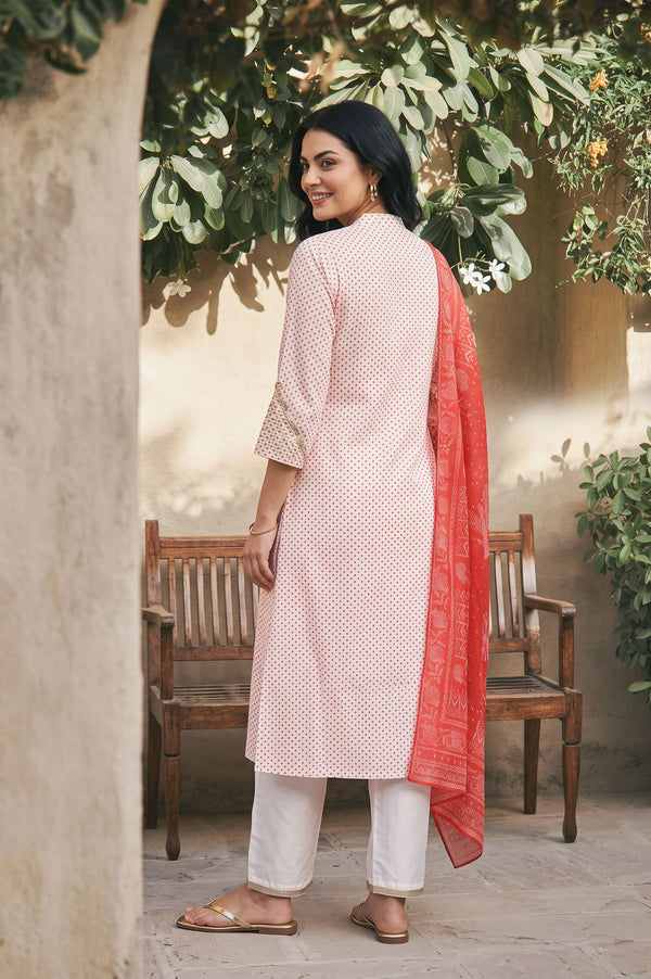 Off White Bandhani Embroidered Chanderi Straight Kurta with Pants and Dupatta Set