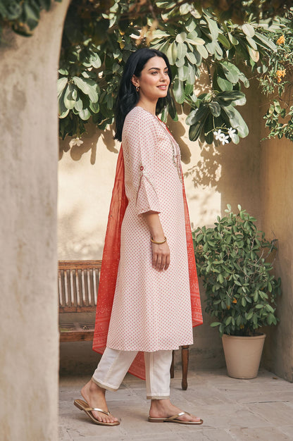 Off White Bandhani Embroidered Chanderi Straight Kurta with Pants and Dupatta Set
