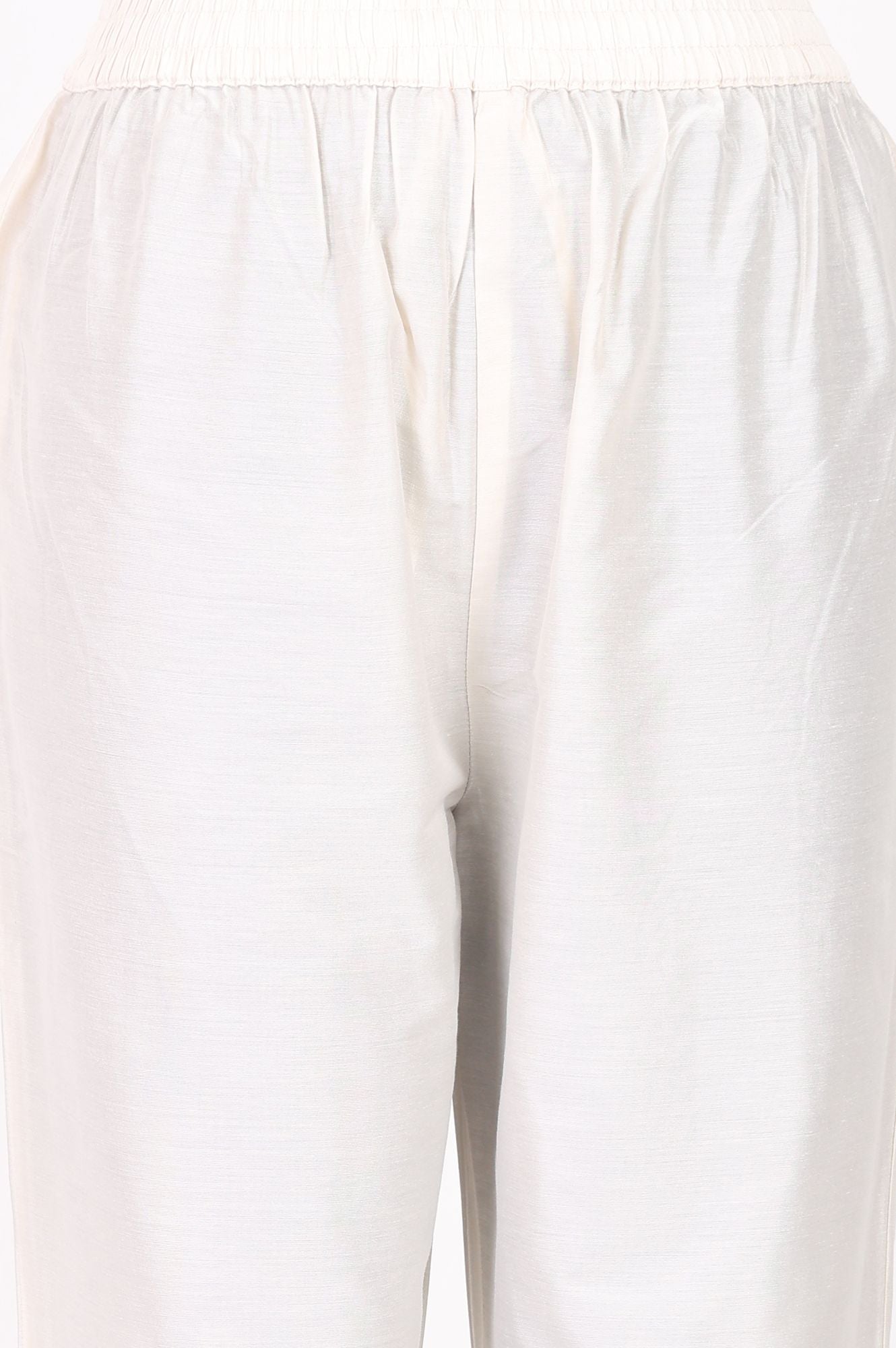 Off White Bandhani Embroidered Chanderi Straight Kurta with Pants and Dupatta Set
