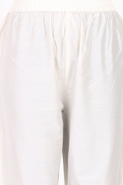Off White Bandhani Embroidered Chanderi Straight Kurta with Pants and Dupatta Set