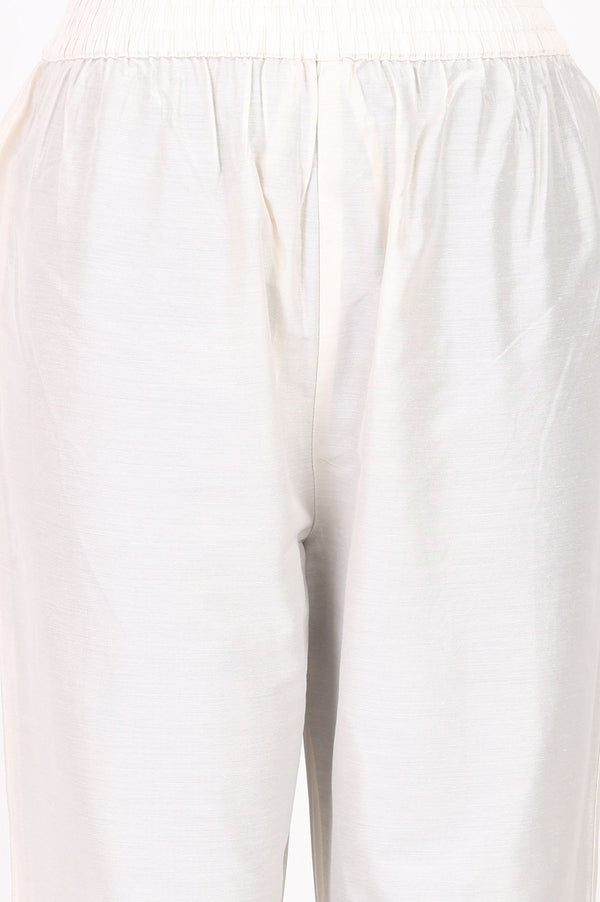Off White Bandhani Embroidered Chanderi Straight Kurta with Pants and Dupatta Set