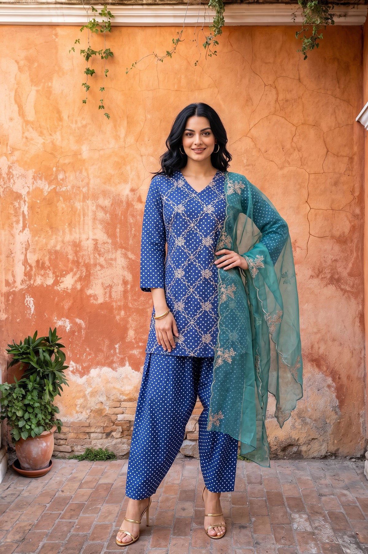Blue Embroidered Pure Cotton Straight Kurta with Farshi Salwar and Dupatta Set
