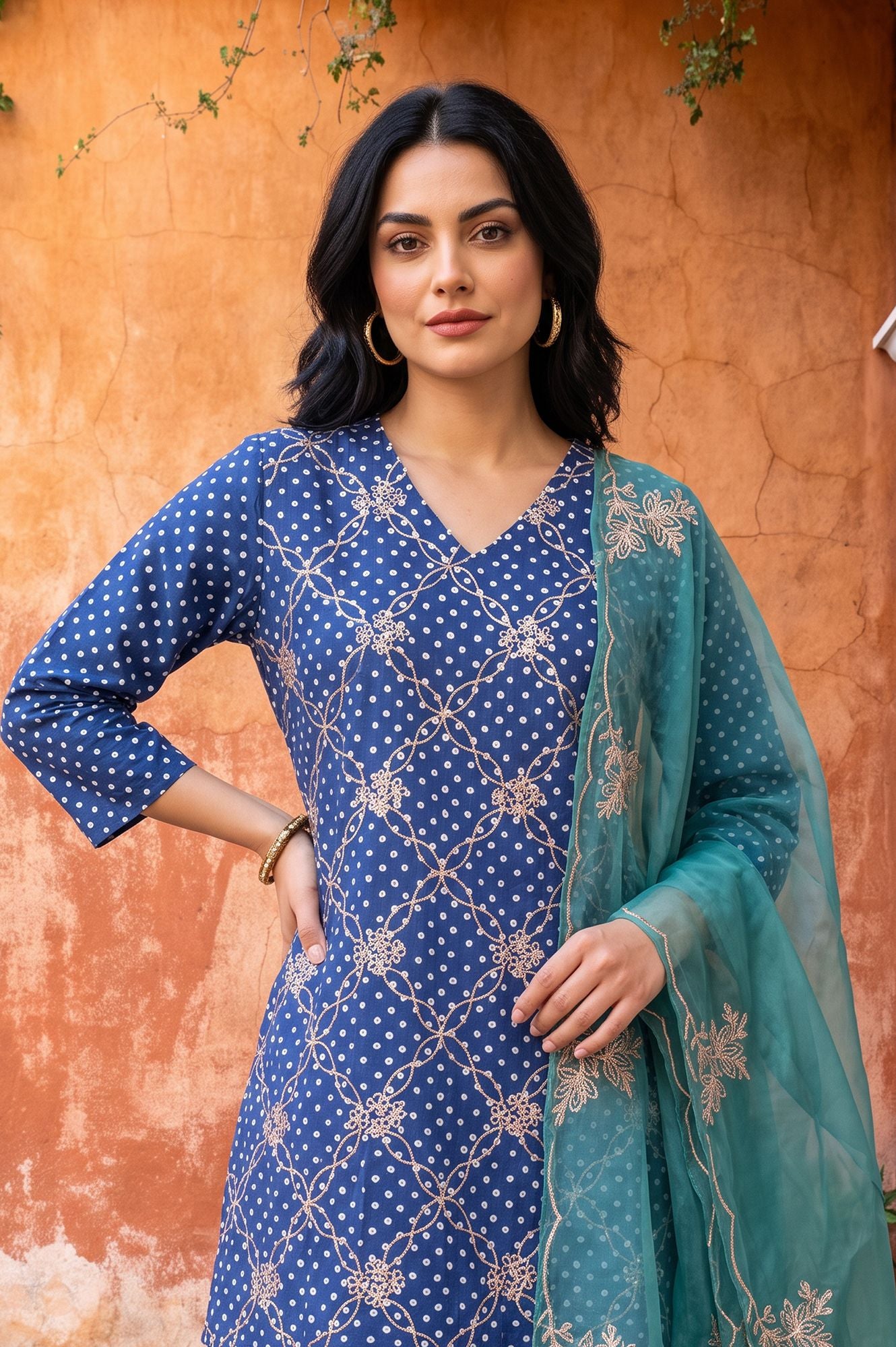 Blue Embroidered Pure Cotton Straight Kurta with Farshi Salwar and Dupatta Set