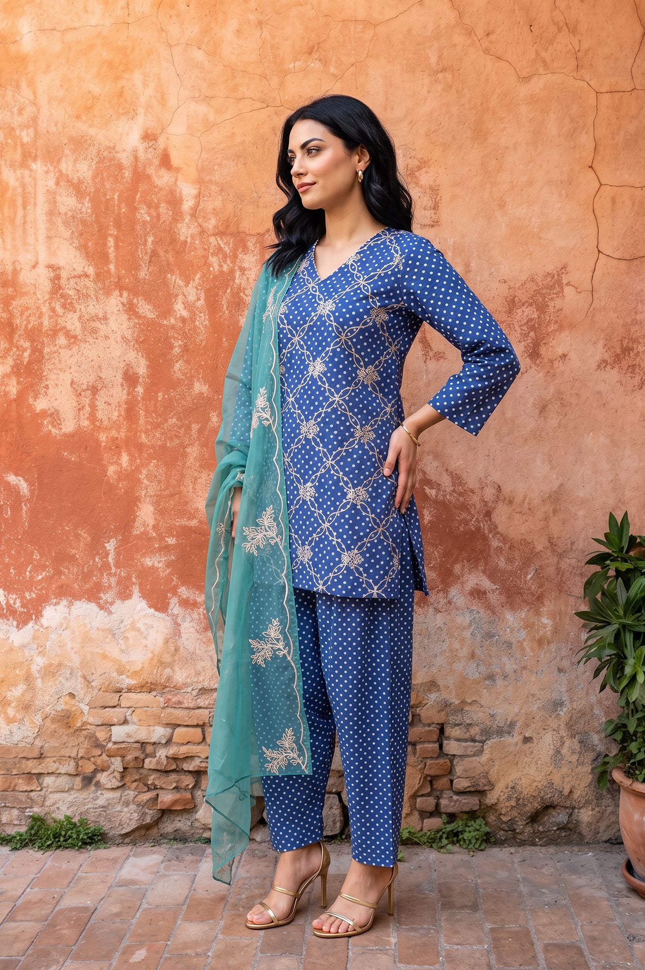 Blue Embroidered Pure Cotton Straight Kurta with Farshi Salwar and Dupatta Set