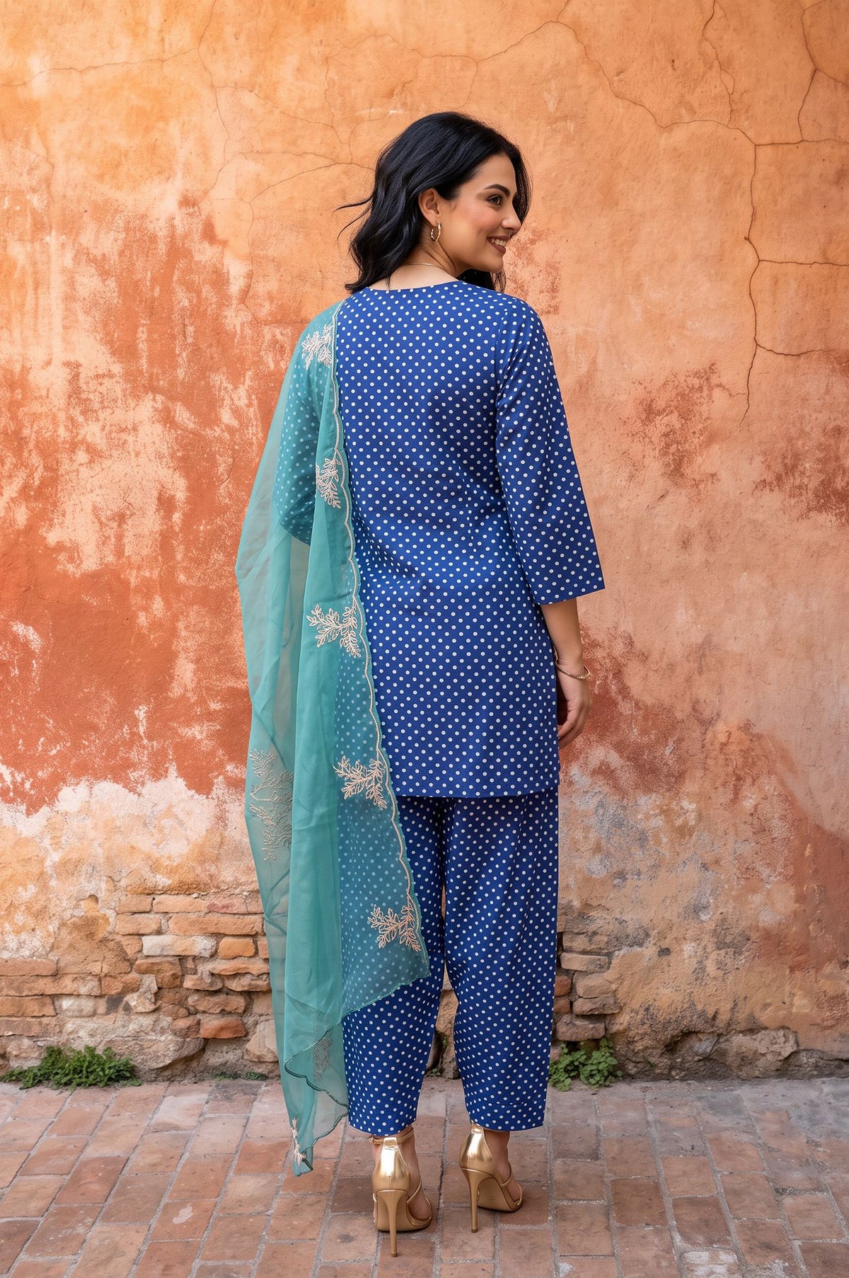 Blue Embroidered Pure Cotton Straight Kurta with Farshi Salwar and Dupatta Set
