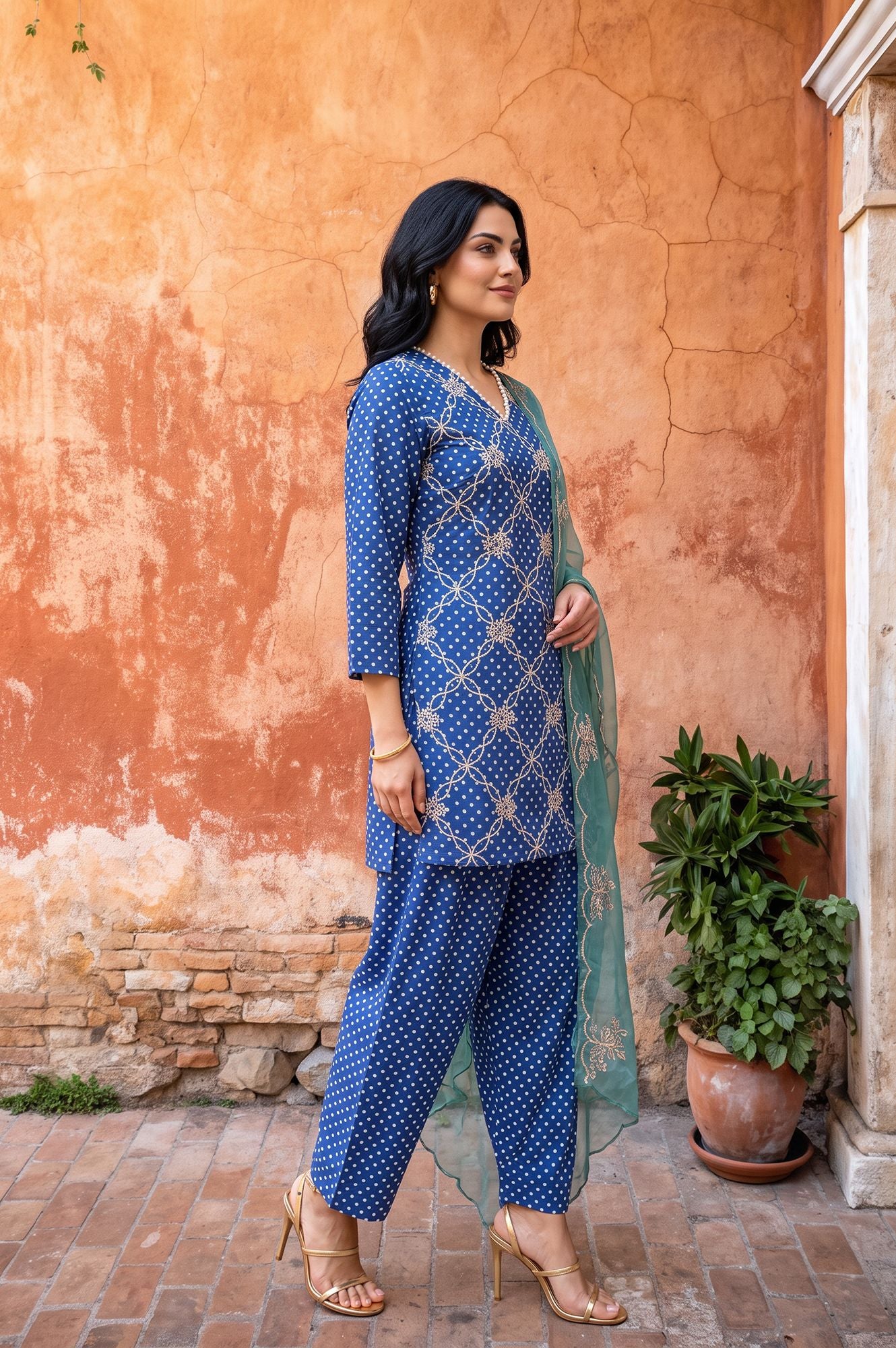 Blue Embroidered Pure Cotton Straight Kurta with Farshi Salwar and Dupatta Set
