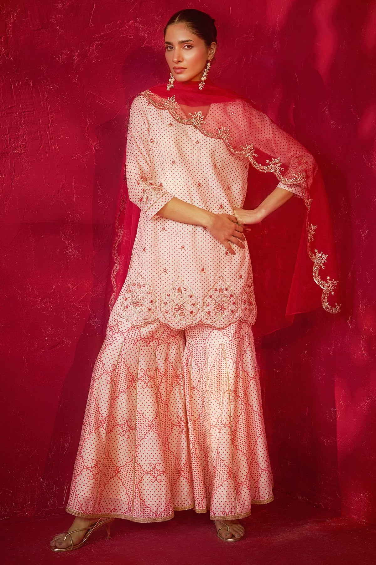 Off White Bandhani Embroidered Chanderi Straight Kurta sharara set for women