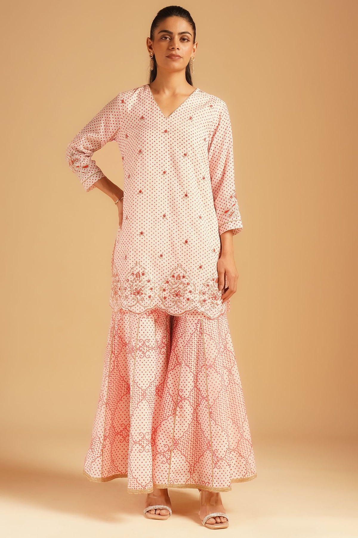 Off White Bandhani Embroidered Chanderi Straight Kurta sharara set for women