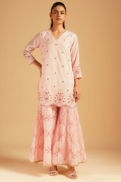 Off White Bandhani Embroidered Chanderi Straight Kurta with Sharara and Dupatta Set