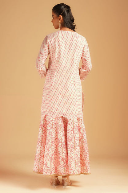 Off White Bandhani Embroidered Chanderi Straight Kurta with Sharara and Dupatta Set