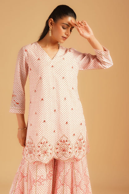 Off White Bandhani Embroidered Chanderi Straight Kurta with Sharara and Dupatta Set