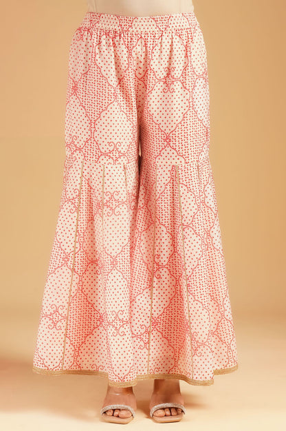 Off White Bandhani Embroidered Chanderi Straight Kurta with Sharara and Dupatta Set