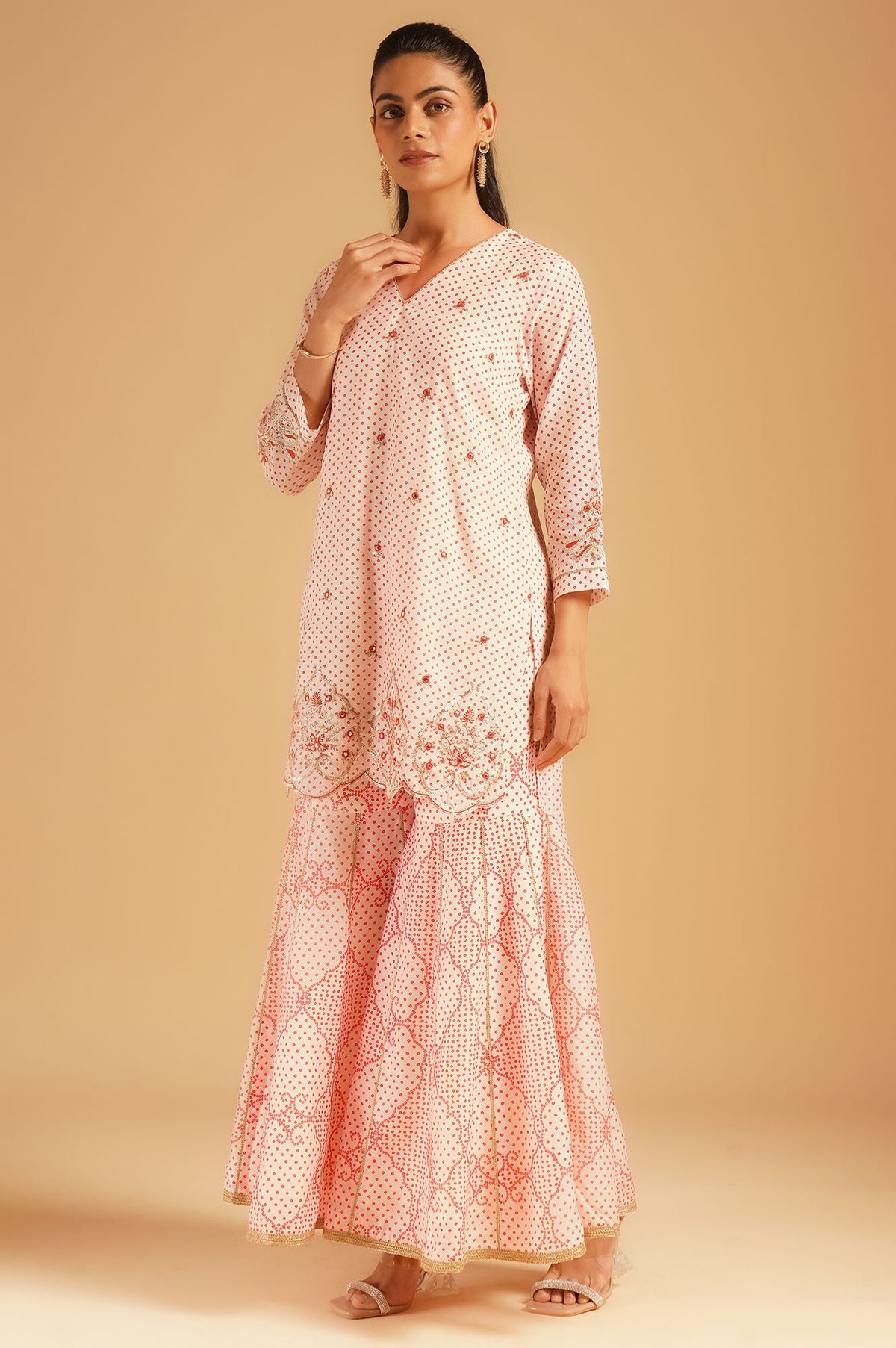 Off White Bandhani Embroidered Chanderi Straight Kurta with Sharara and Dupatta Set