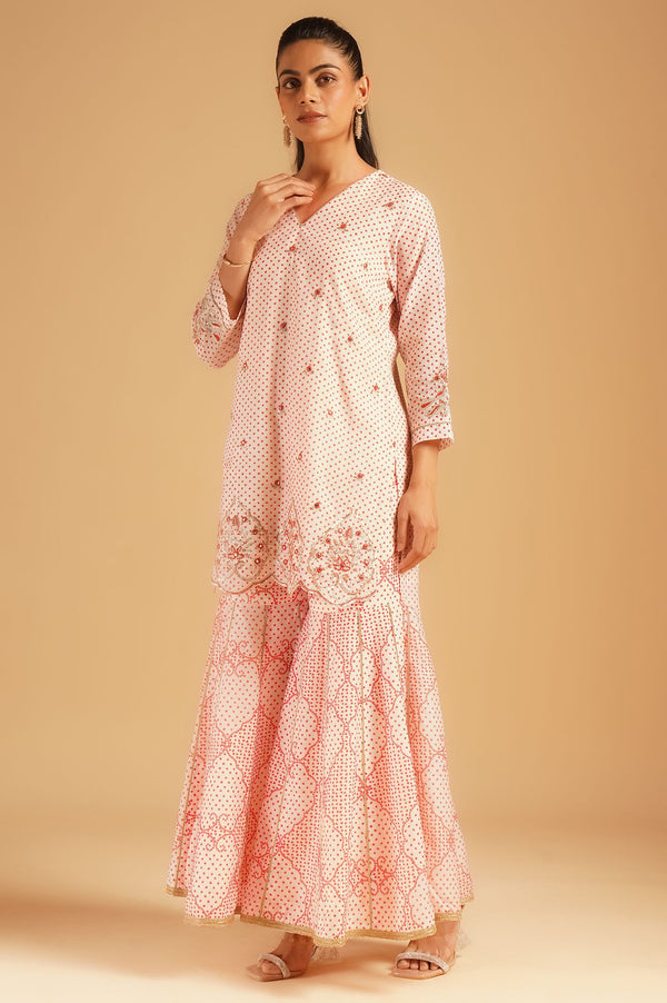 Off White Bandhani Embroidered Chanderi Straight Kurta sharara set for women