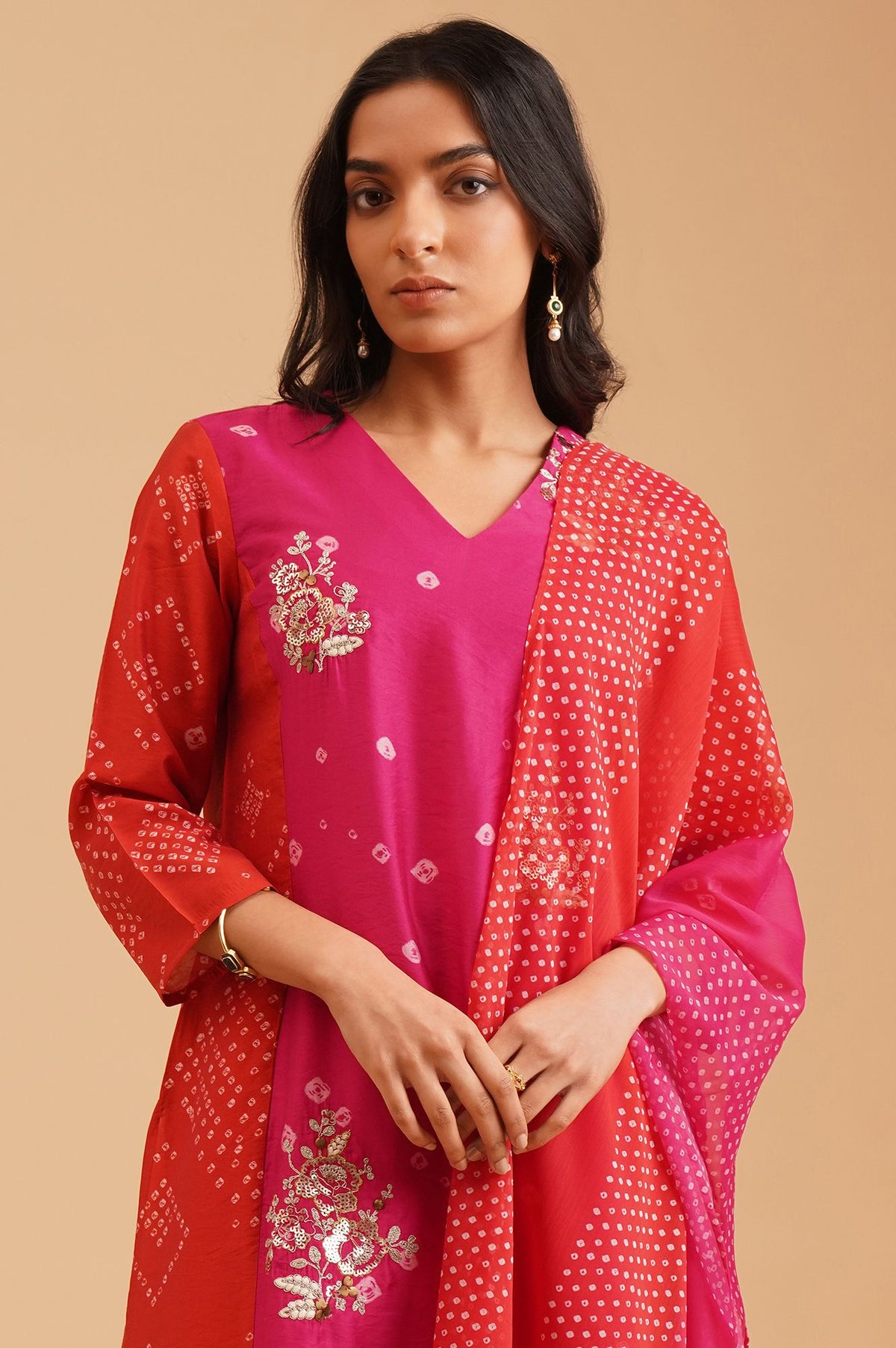 Red Bandhani Sequins Straight Kurta with Straight Pants and Dupatta Set