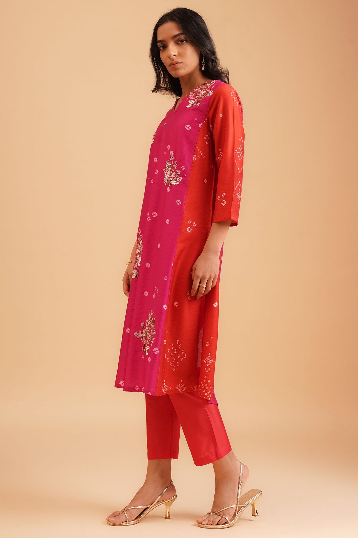 Red Bandhani Sequins Straight Kurta with Straight Pants and Dupatta Set