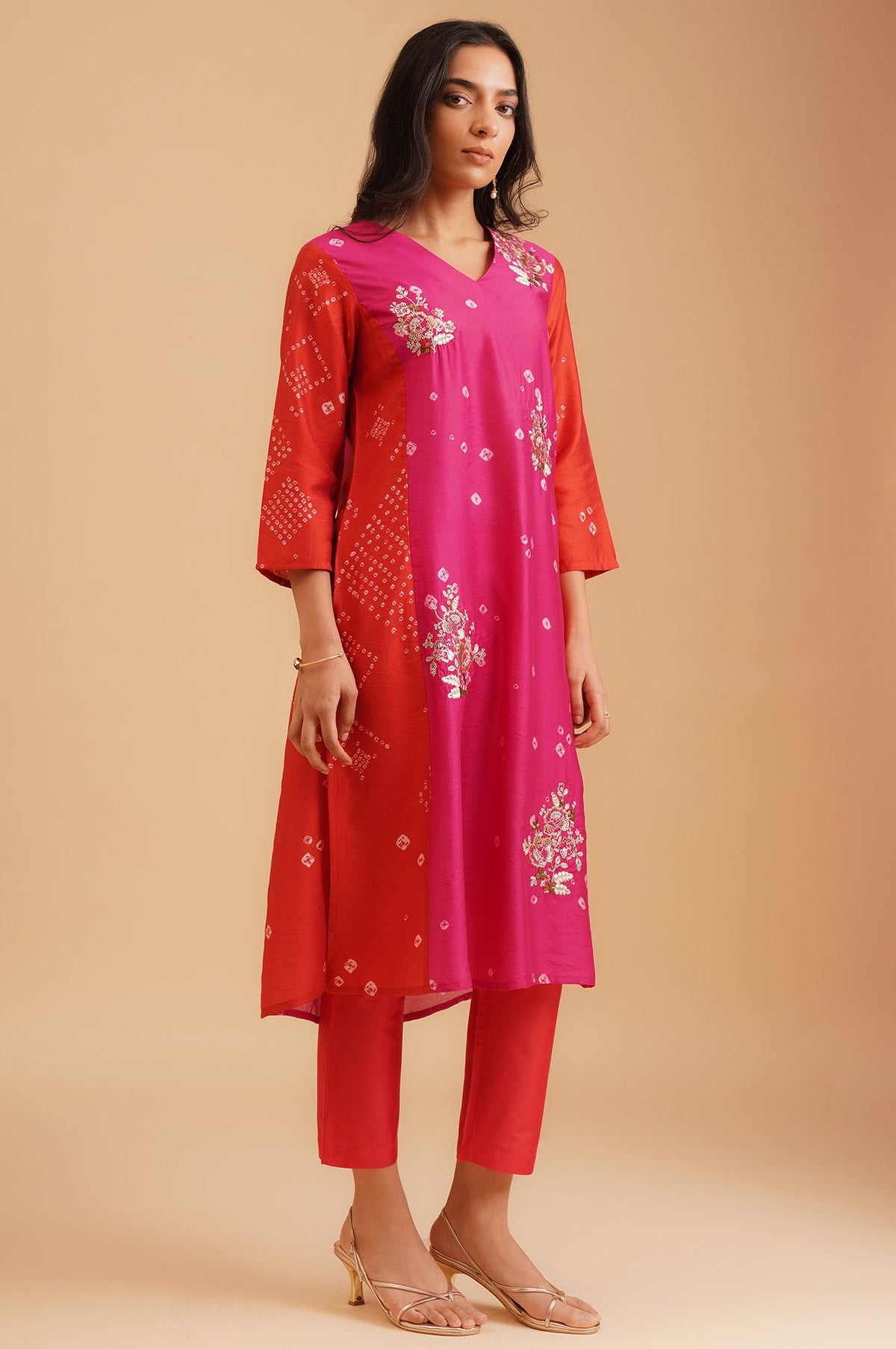 Red Bandhani Sequins Straight Kurta with Straight Pants and Dupatta Set