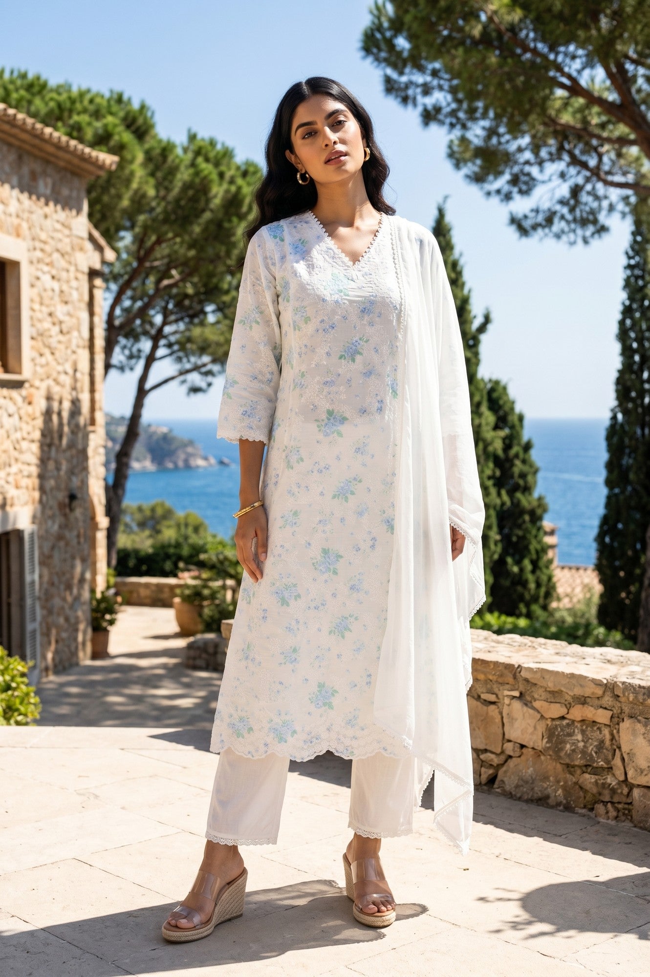 Off White Thread Embroidered Straight Kurta With Pants And Dupatta Set