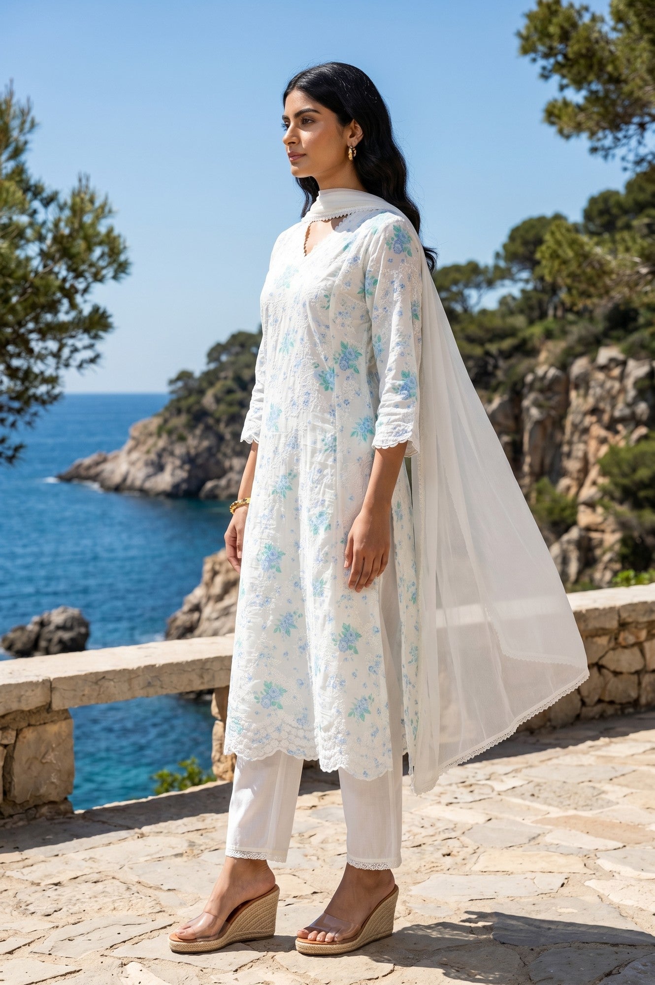 Off White Thread Embroidered Straight Kurta With Pants And Dupatta Set