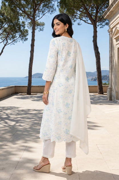 Off White Thread Embroidered Straight Kurta With Pants And Dupatta Set