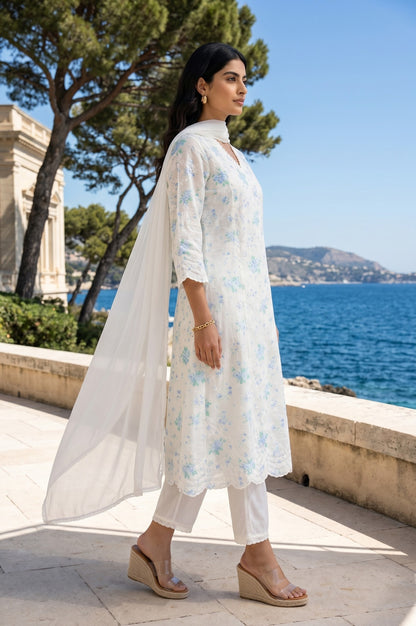Off White Thread Embroidered Straight Kurta With Pants And Dupatta Set