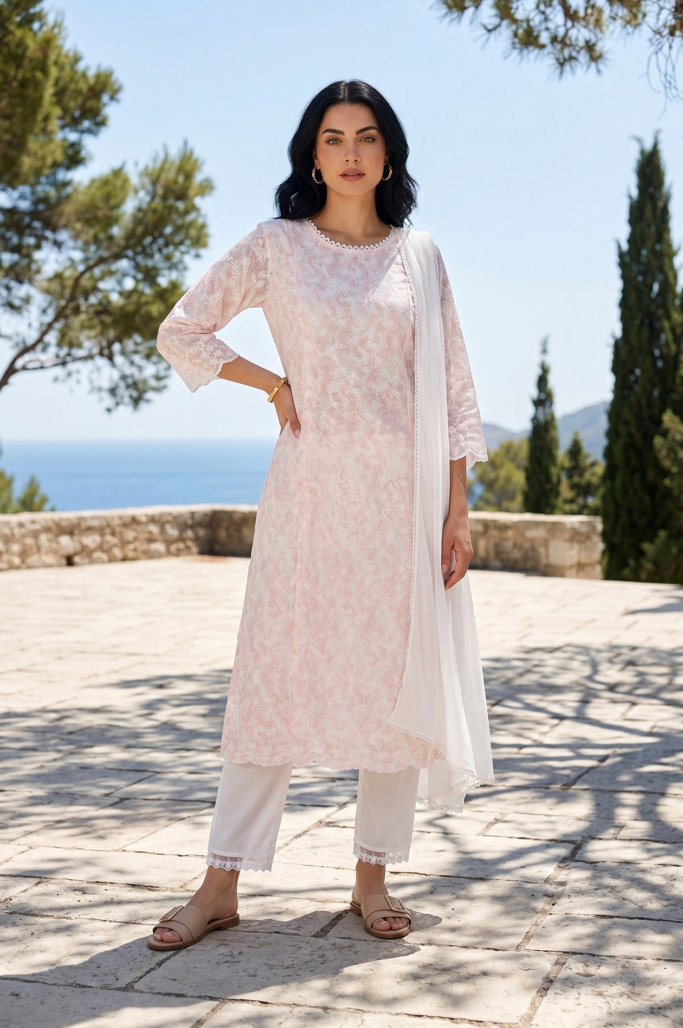Off White Floral Printed Embroidered Tencel Straight Kurta With Pants and Dupatta Set