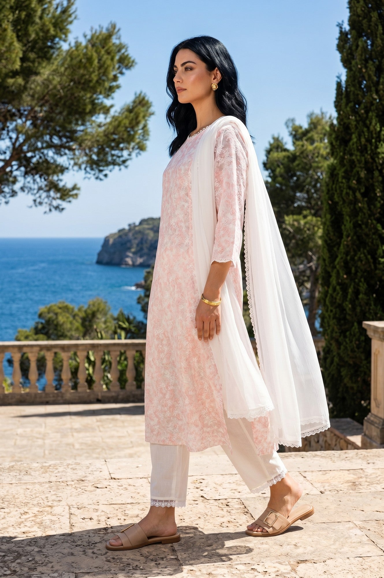 Off White Floral Printed Embroidered Tencel Straight Kurta With Pants and Dupatta Set