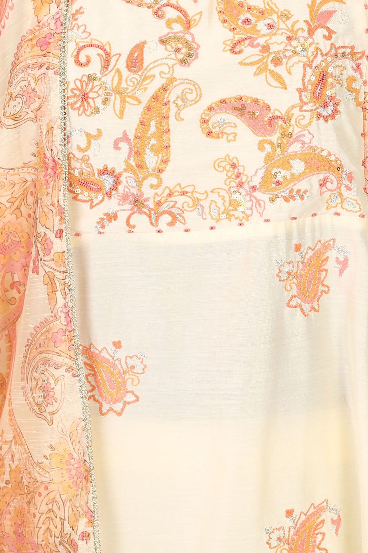 Off White Thread Embroidered Straight Kurta with Pants and Dupatta Set