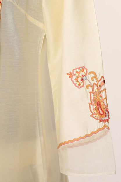 Off White Thread Embroidered Straight Kurta with Pants and Dupatta Set