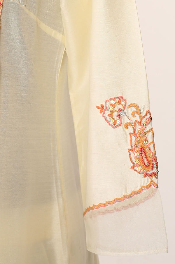 Off White Thread Embroidered Straight Kurta with Pants and Dupatta Set